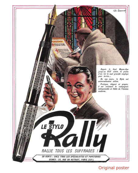  1940s France's Le Stylo RALLY No. 10 - Black Celluloid Art Deco Chevron 14K Nib Push Button Fountain Pen