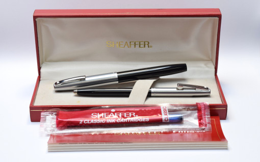 NOS New Old Stock 1970s Sheaffer 440 Imperial Black & Brushed Steel M Nib Fountain & Sheaffers Reminder "Clickable Clip" Ballpoint Pen in Box & Papers With Converter