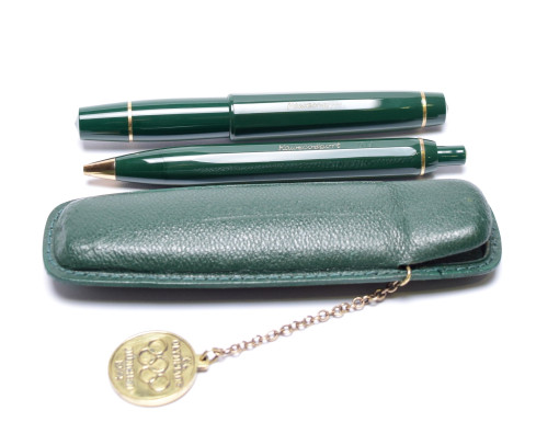 Rare Munich Olympics 12 Sided Olive Green KAWECO Sport V16 & 619 Flex EF Fountain & Ballpoint Pen Set in Leather Pouch