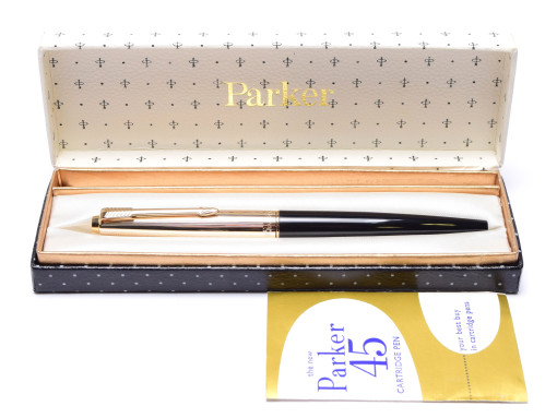 NOS in Box 1960s Made in England PARKER 45 "Custom Deluxe" Black & 14K Rolled Gold Cap with 14K Gold F Flexible Nib Fountain Pen