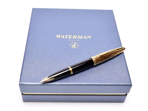 NOS Waterman Carene/CARÈNE Essential 23K Gold Plate & Black Lacquer F Fine 18K Nib Fountain Pen + Ink Bottle Set in Box 