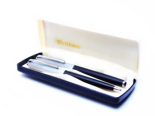 Rare 1960's Pelikan Silvexa Silver Star P482 / 28 HEF 14K Nib Fountain & Ballpoint Pen Set in Box