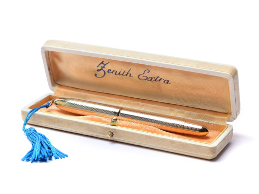 Rare 1930s ZENITH EXTRA Italy 18K 750 Gold Plated Guilloche Pattern & Turquoise Tassel Push Button Lady Fountain Pen in Box