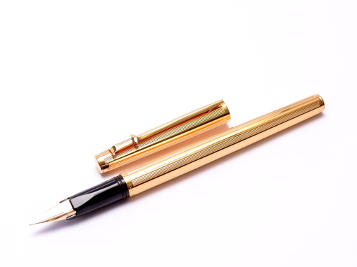 1970s Original First Series Caran d'Ache MADISON All Gold Plated 14K Flex Nib Fountain Ballpoint Pen & Mechanical Pencil Set In Box