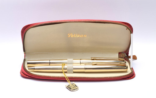 Stunning Rare Mint 1960s Pelikan M60 / 60 Type II Rolled Gold Fountain Pen 18K HEF Nib & Ballpoint Pen Set in Red Leather Pouch