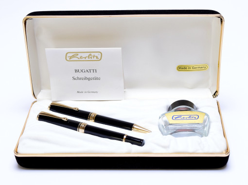 Rare 1980 Made in W. Germany Herlitz Bugatti (Now Pelikan) Black Resin & 24K Gold 14K F Fine Nib Fountain Pen & Ballpoint Pen Set In Box