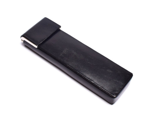 NOS Rare Vintage  Black Thick Genuine Leather with Steel Frame Fountain Rollerball or Ballpoint  Case Pouch Pen Holder
