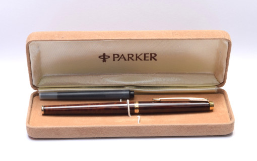 1980s Parker 180 Lacquer Woodgrain Thuya 14K Fine Nib Cartridge/Converter Fountain Pen Made In France