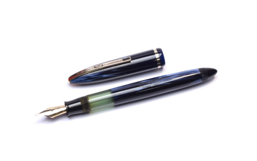 Stunning Rare 1940s-50s Italy's ANCORA Lusso - Blue Sapphire Marbled Celluloid w/ 14K Super Flex EF Nib Piston Fountain Pen
