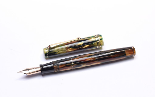 Breathtaking 1930s Italy's ANCORA DUPLEX No. 42 Brown & Green Marbled - Tortoise Honey "Tiger Eye" Celluloid 14K Super Flex GZ Nib Push Button Fountain Pen from the "Attic Find"