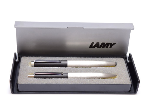 Rare NOS 1970s Lamy 25P & 225 Makrolon Matt Black & Brushed Aluminum W. Germany Fountain & Ballpoint Pen Set in Box