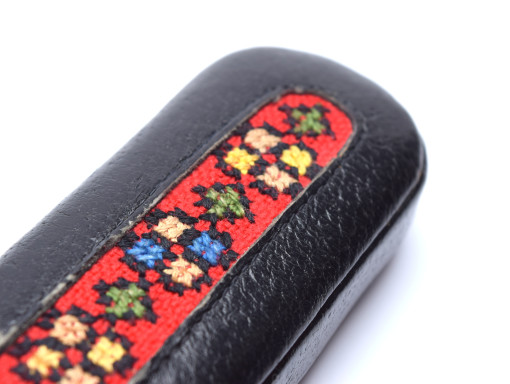 Vintage Lady High Quality Genuine Black Leather Embroidery Pouch Case for 2 Fountain / Ballpoint Pens