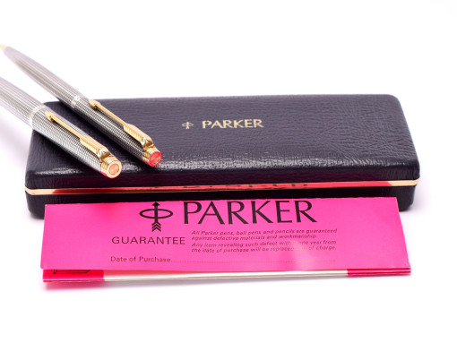 PARKER 75 Made in USA Solid 925 Sterling Silver Crosshatch Cisele Fountain Pen & Mechanical Pencil Set