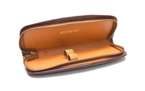 Vintage 1950s High Quality Montblanc Light Brown and Ochre Soft & Thick Genuine Leather Zipper Pouch Holder For 2 Pens
