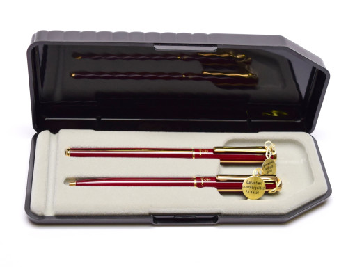 Rare Unique Reform W. Germany Red & Gold 23K Gold Plated Striped Special F Two Toned Nib Cartridge Fountain & Ballpoint Pen Set in Box 