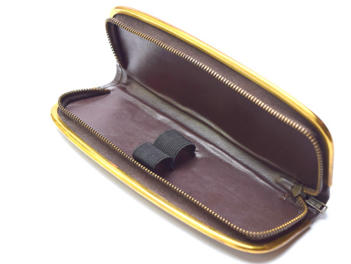 Vintage High Quality Genuine Brown Leather Steel Gold Plate Frame Pouch Case for 2 Fountain / Ballpoint Pens