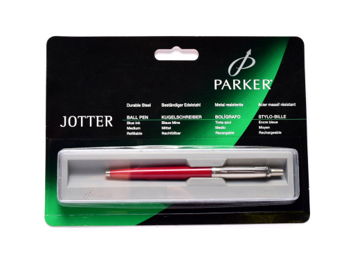 NOS New Parker Jotter Red & Silver Steel Push Button Ballpoint Pen in Presentation Box Made in UK