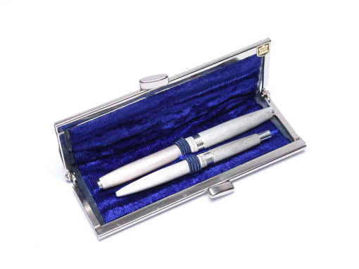 Vintage 1960s Lady SENATOR Germany Brushed Silver Plated F Fine Steel Nib Fountain & Ballpoint Pen Set in Teal Blue Leather Pouch