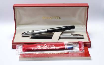 NOS New Old Stock 1970s Sheaffer 440 Imperial Black & Brushed Steel M Nib Fountain & Sheaffers Reminder "Clickable Clip" Ballpoint Pen in Box & Papers With Converter