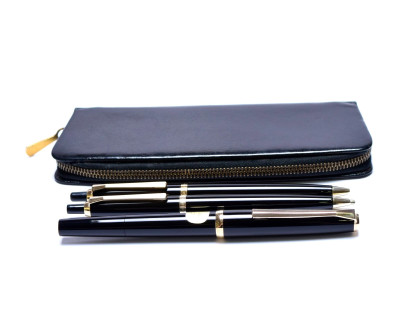 1969 Pelikan 30 (M30) Rolled Gold & Black Resin 14K EF Flexible Nib Fountain | Ballpoint and Mechanical Pencil Pen Set In Pouch