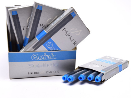New Authentic Original Made in France PARKER QUINK Fountain Pen Ink Cartridges Refills Reserve Long Large Size - WASHABLE BLUE - Pack of 5