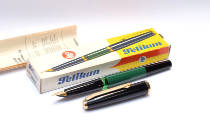 Rare NOS 1970s Pelikan M480 Export Model (MK Successor) Green & Black F Nib Fountain Pen In Box w/ Papers
