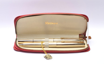 Stunning Rare Mint 1960s Pelikan M60 / 60 Type II Rolled Gold Fountain Pen 18K HEF Nib & Ballpoint Pen Set in Red Leather Pouch
