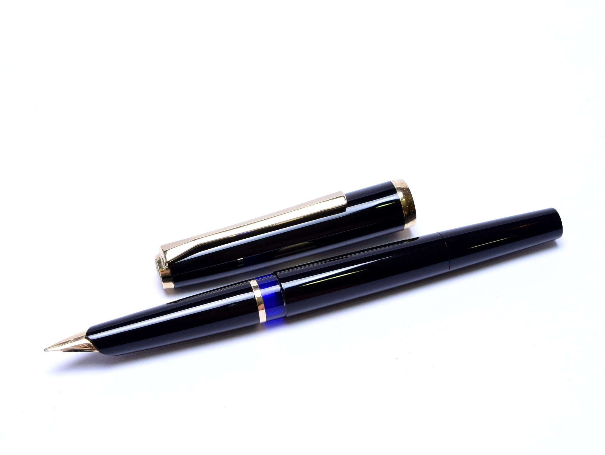 Fountain Pen Custom Flex Nib Blue Black Ink Fine Glossy Black w/Spares 