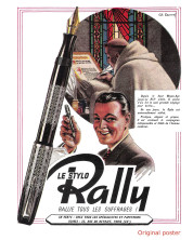  1940s France's Le Stylo RALLY No. 10 - Black Celluloid Art Deco Chevron 14K Nib Push Button Fountain Pen