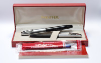 NOS New Old Stock 1970s Sheaffer 440 Imperial Black & Brushed Steel M Nib Fountain & Sheaffers Reminder "Clickable Clip" Ballpoint Pen in Box & Papers With Converter