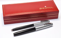 NOS New Old Stock 1970s Sheaffer 440 Imperial Black & Brushed Steel M Nib Fountain & Sheaffers Reminder "Clickable Clip" Ballpoint Pen in Box & Papers With Converter