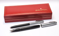 NOS New Old Stock 1970s Sheaffer 440 Imperial Black & Brushed Steel M Nib Fountain & Sheaffers Reminder "Clickable Clip" Ballpoint Pen in Box & Papers With Converter
