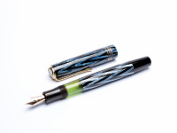 1930s Reform ORIGINAL LUXUS Fountain Pen Chevron "Tiger Eye" Sapphire Blue Celluloid w/ 14K Super Flex F Fine Nib from the "Attic Find"