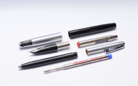 NOS New Old Stock 1970s Sheaffer 440 Imperial Black & Brushed Steel M Nib Fountain & Sheaffers Reminder "Clickable Clip" Ballpoint Pen in Box & Papers With Converter