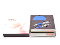 Vintage 2000s Rotring Skynn Matt Silver & Deep Blue Rubberized Padded Grip XS Fountain & G2 Refill Ballpoint Pen Set w/ Stress Dumb In Box