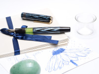 1930s Reform ORIGINAL LUXUS Fountain Pen Chevron "Tiger Eye" Sapphire Blue Celluloid w/ 14K Super Flex F Fine Nib from the "Attic Find"