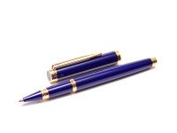 1990s NOS WATERMAN Gentleman Blue Lacquer & Gold Plated Rollerball & Slimline Mechanical Pencil Set in Box