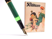 Vintage Mint 1955 Pelikan 120 Type I Black & Green M Medium Gold Plated Nib Piston Fountain Pen