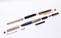 Stunning Rare Mint 1960s Pelikan M60 / 60 Type II Rolled Gold Fountain Pen 18K HEF Nib & Ballpoint Pen Set in Red Leather Pouch