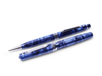 Stunning 1930s Wahl Eversharp Doric Sapphire Blue Shell & Silver Facet Emblem Lever Filler Fountain Pen & Pencil in Box