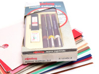 NOS Vintage Rotring Isograph Junior College 3 Technical Pens 0.25mm, 0.35mm, 0.50mm + Tikky Pencil, Ink Tube, Leads and Eraser Set in Box 