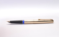 Stunning Rare Mint 1960s Pelikan M60 / 60 Type II Rolled Gold Fountain Pen 18K HEF Nib & Ballpoint Pen Set in Red Leather Pouch