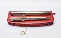 Stunning Rare Mint 1960s Pelikan M60 / 60 Type II Rolled Gold Fountain Pen 18K HEF Nib & Ballpoint Pen Set in Red Leather Pouch
