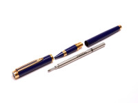1990s NOS WATERMAN Gentleman Blue Lacquer & Gold Plated Rollerball & Slimline Mechanical Pencil Set in Box