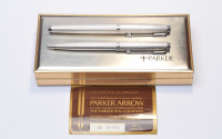 Mint 1990s PARKER 75 Grain d'Orge Barleycorn Silver Plated Made in France 14K F FIne Fountain & Ballpoint Pen Set In Box with Papers