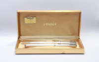 Mint 1990s PARKER 75 Grain d'Orge Barleycorn Silver Plated Made in France 14K F FIne Fountain & Ballpoint Pen Set In Box with Papers