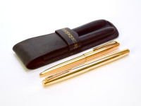 Stunning 1960s BOLASCRIP Germany Walzgold (Rolled Gold) 14K B Broad Nib Fountain & Ballpoint Pen Set in Leather Pouch