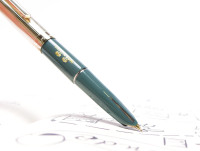Rare & Unique 1970s WHITE FEATHER 71-2 Teal Army Green & Crosshatch Gold Cap Capillary Filling Cartridge EF 14K Gold Nib Fountain Pen