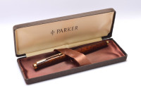 Stunning Rare 1980s PARKER 75 Laque / Lacquer Woodgrain 14K Gold M Nib Made in France Fountain Pen In Box with Converter