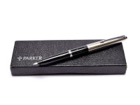 1960s PARKER 45 Standard Black & Stainless Steel Cap F Fine Nib Fountain Pen Made in England